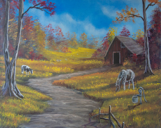 A painting of a farm yard. There is a dirt path leading to a red barn in the background. The beginning of the path is lined by a wooden fence. On the right side of the path is a brown horse grazing on grass near a manual water pump. On the left side of the path is a black and white grazing cow. There are trees around the landscape and dots of cows far in the background. It appears to be autumn as the tree leaves are red and orange. 